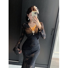批发实拍超仙温柔风甜美减龄喇叭袖蕾丝鱼尾连衣裙收腰中长<b class='q'>礼服</b>打底裙