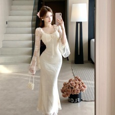 批发实拍法式御姐风蕾丝喇叭袖显白连衣<b class='q'>裙</b>女高级感气质超仙女<b class='q'>礼服</b>长<b class='q'>裙</b>