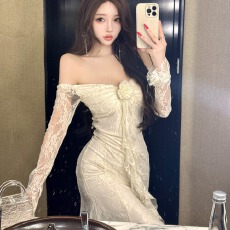 批发实拍法式温柔超仙立体花朵飘带长袖<b class='q'>礼服</b>连衣<b class='q'>裙</b>纯欲蕾丝收腰鱼尾<b class='q'>裙</b>