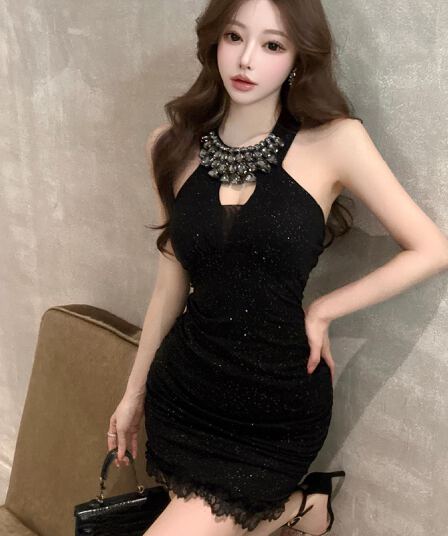 실사 비싼 가스 센스 천 골드 다이아몬드 세팅 슬립 드레스 가을 겨울 섹시함 행침 목 타이트 스커트 생일 연회 만나는 미니 스커트