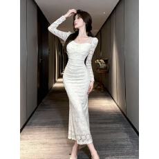 批发实拍高级法式名媛气质长袖方领蕾丝鱼尾连衣裙<b class='q'>黑色</b>秋冬打底长裙