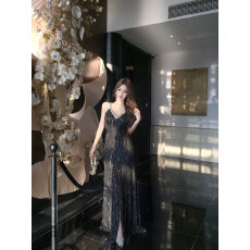 批发实拍~ 名媛法式温柔气质女神高级感轻烫钻亮片礼服裙