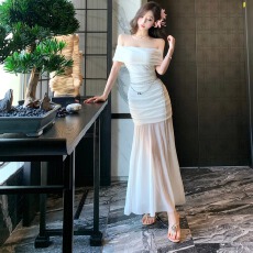 批发实拍法式千金网纱一字肩抹胸连衣裙夏高级感<b class='q'>气质</b>名媛显瘦网纱裙