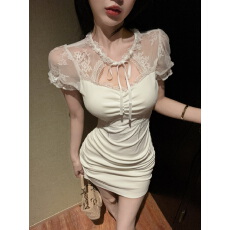 批发实拍2026夏季小性感短袖棉质紧身打底短款蕾丝拼接洋气<b class='q'>连衣裙</b>