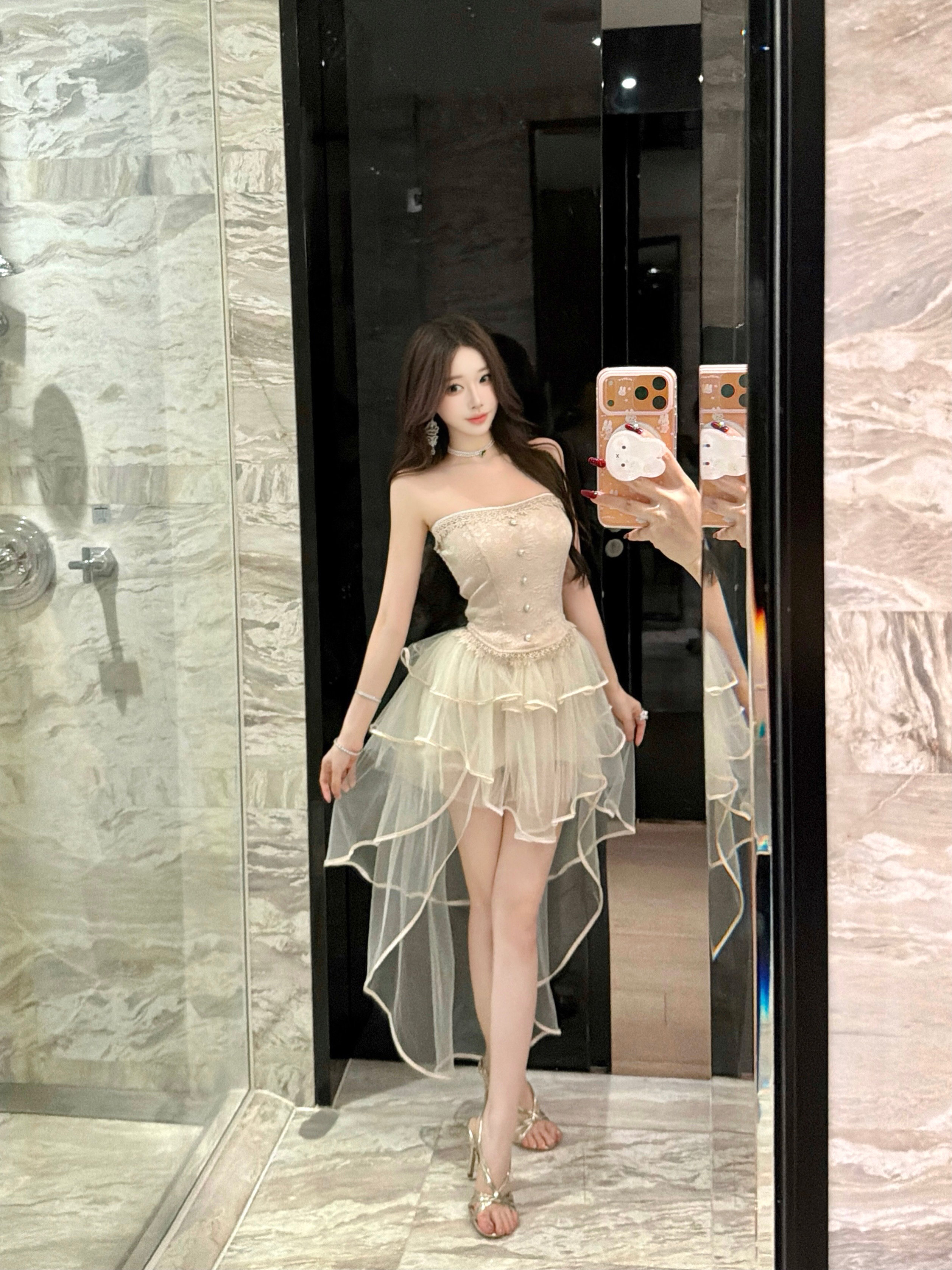 실사 2026 핫걸 세트 레이스 허리 수축 튜브탑 조끼 여성 여름 망사 불규칙 반신 스커트 투피스 세트