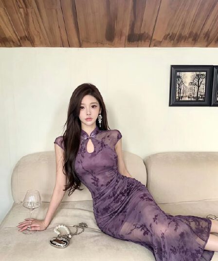 실사 새로운 중식 망사 패치워크 보라색 꽃무늬 향상된 버전 치파오 드레스 섹시함 핫걸 허리 수축 타이트 스커트 드레스