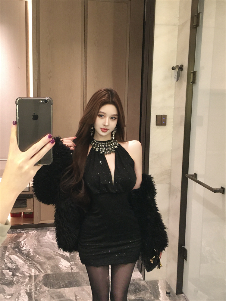 실사 비싼 가스 센스 천 골드 다이아몬드 세팅 슬립 드레스 여름 섹시함 행침 목 타이트 스커트 생일 연회 미니 스커트