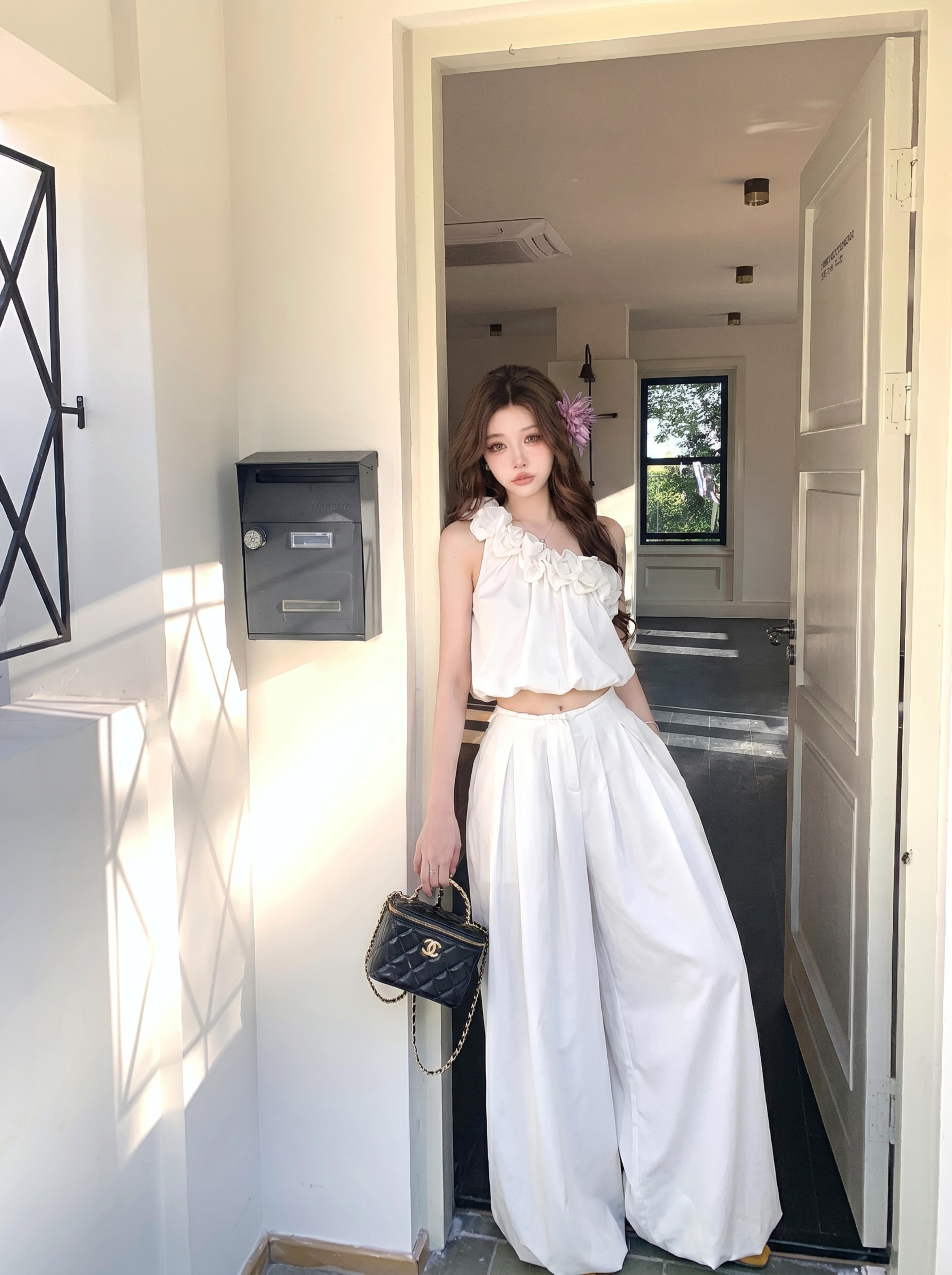 실사 프랑스식 품격 비스듬한 칼라 3 차원 꽃 고급 센스 오프숄더 슬림해 보이는 의류 주름 장식 허리 수축 캐주얼 긴 바지 세트
