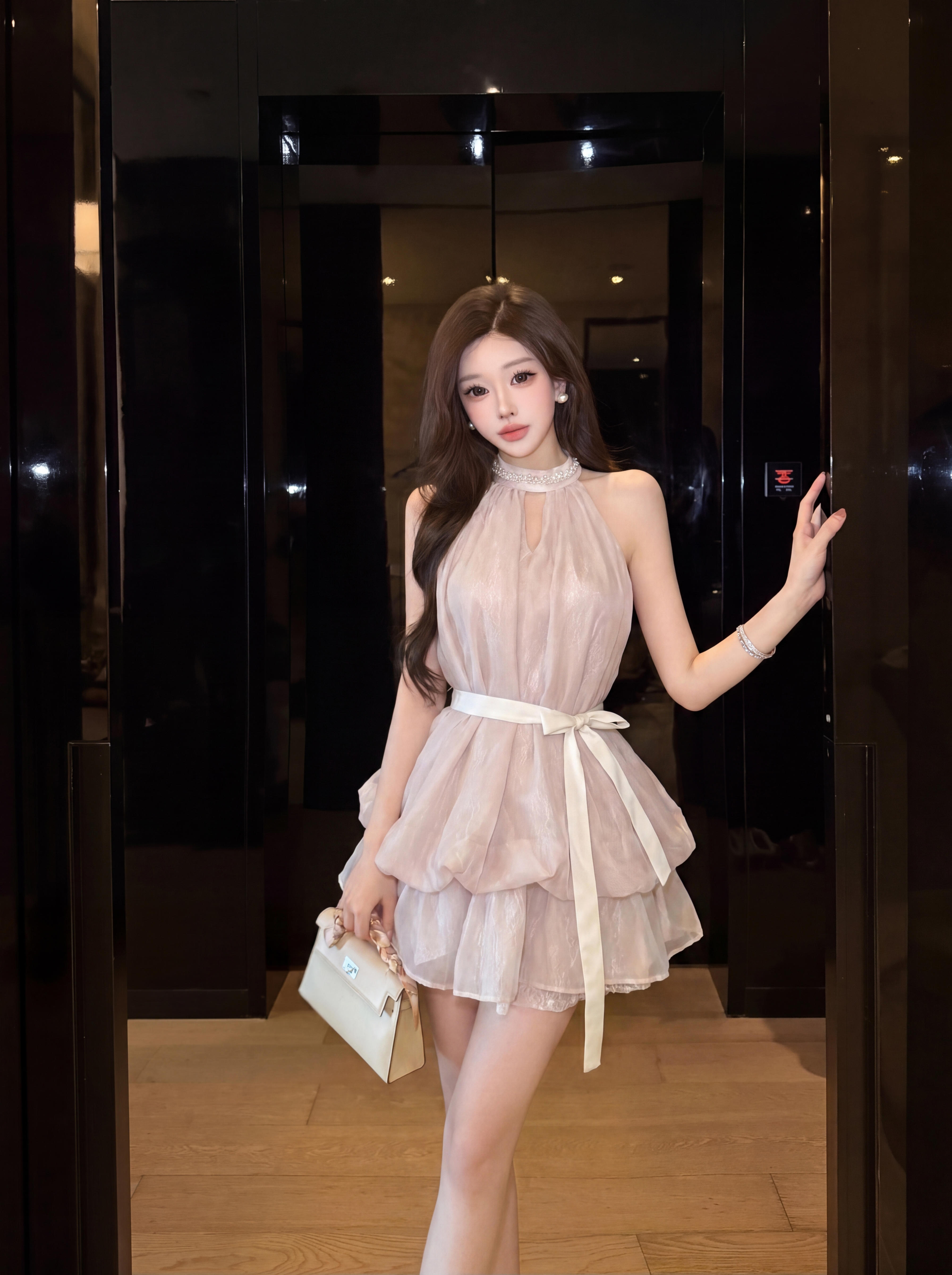 실사 천 골드 다이아몬드 세팅 구슬 꽃 칼라 행침 목 여성 드레스 단색 나비 매듭 허리 수축 꽃밭 달콤함 민소매 미니 스커트