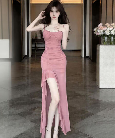 실사 프랑스식 섹시함 프릴 트임 슬립 드레스 명문 여성 품격 백리스 작은 키 디스플레이 높음 롱 스커트