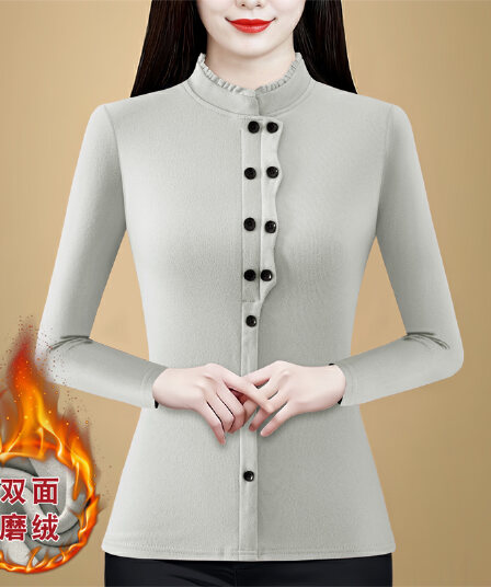 패션 양면 De 플러시 레이스 스탠드 칼라 단색 기본 셔츠 가을과 겨울 외국 가스 중년 엄마 슬림해 보이는 다용도 맨위