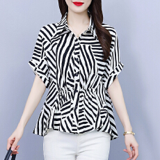 批发条纹雪纺衬衫女士装<b class='q'>夏季</b>2026年新款妈妈洋气上衣时尚小衫短袖衬衣