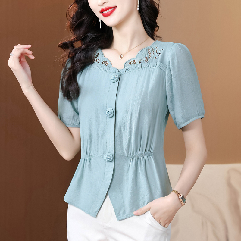 RY2829# 时尚气质短袖衬衫女2026年夏季新款减龄洋气镂空收腰显瘦百搭上衣