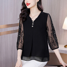 批发中年妈妈夏装气质雪纺衫蕾丝网纱亮片七分袖套装<b class='q'>中老年</b>妈妈夏装