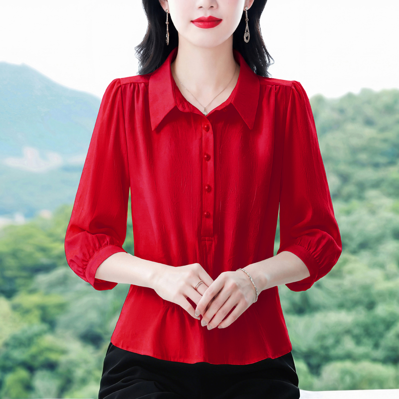 봄 여름 얇은 스타일 패션 중간 소매 루즈핏 품격 연령 감소 슬림해 보이는 디자인 센스 외국 가스 풀오버 셔츠 맨위 여성