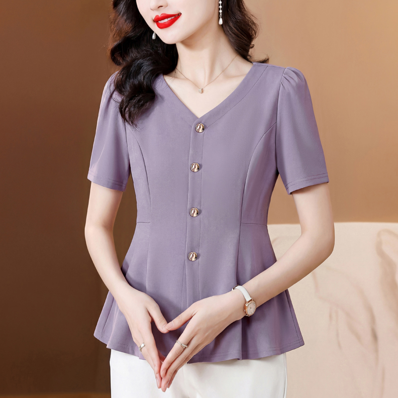 RY2830# 新款时尚女装大码2026百搭洋气T恤短袖气质收腰v领设计感上衣