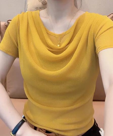 작은 민 홈 여름 새로운 미니멀리즘 말뚝 더미 칼라 몸매 가꾸기 반팔 티셔츠 여성 다용도 패션