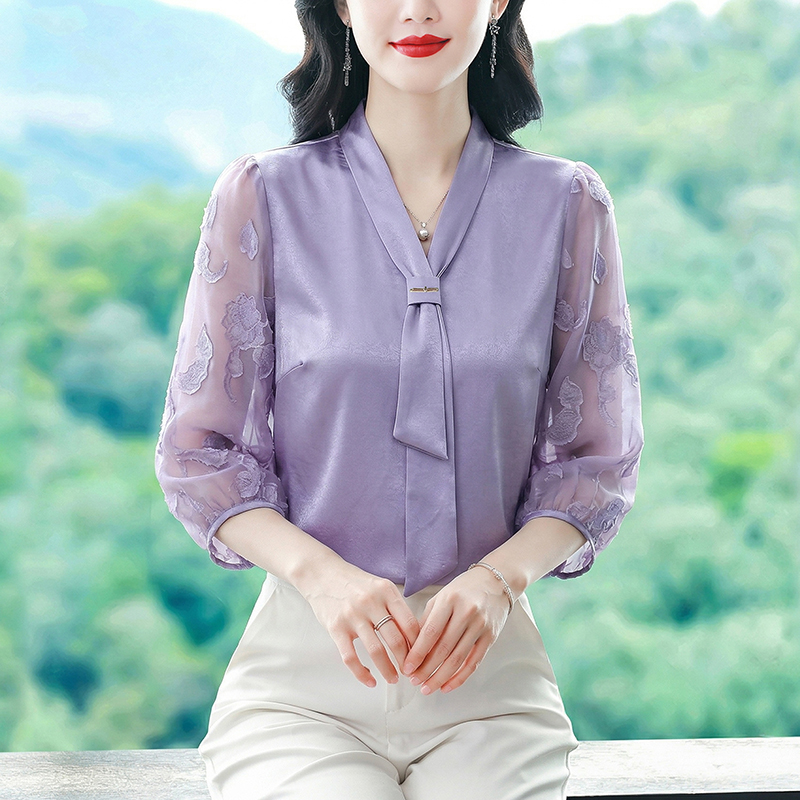 RY3411# 2026春夏新款蕾丝泡泡七分袖纯色款气质百搭衬衫