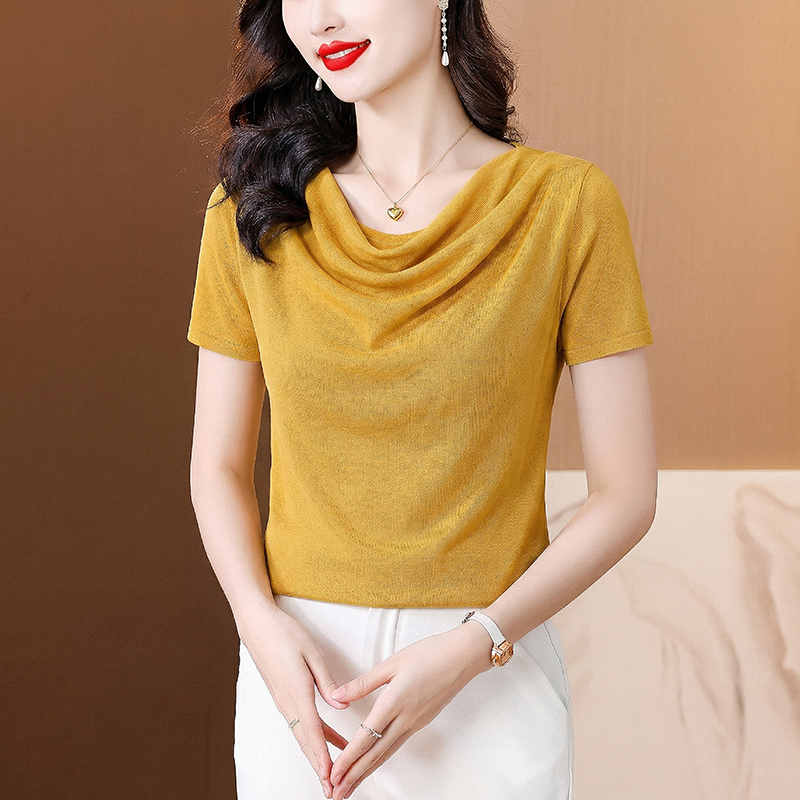 RY3766# 2026夏季新款简约堆堆领修身短袖T恤女百搭时尚