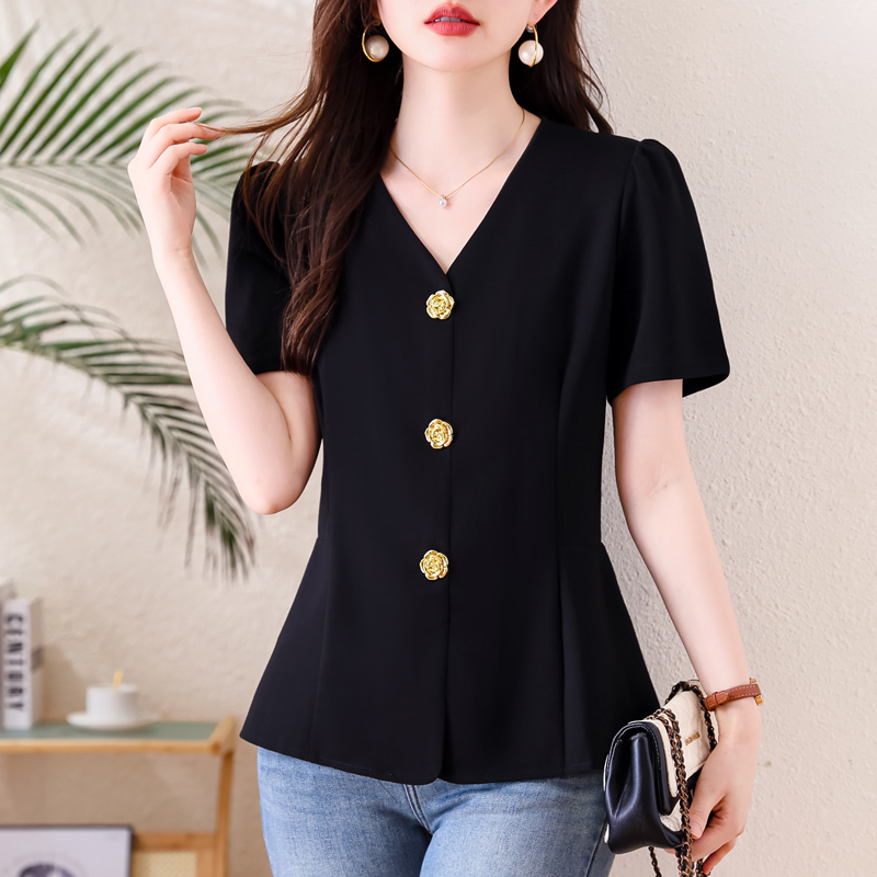 RY3763# 2026法式V领气质纯色短袖T恤女夏季新款大码休闲宽松简约上衣