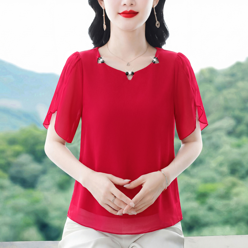 RY3764# 大码雪纺衫D轻奢高级短袖洋气减龄百搭夏季2026新款老钱风女装