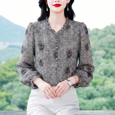 批发长袖薄款木耳领冰丝衬衫女<b class='q'>大码</b>胖mm遮肉显瘦防晒雪纺小衫