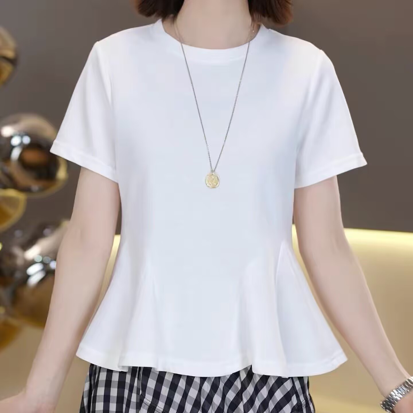 RY5410# 夏季新品轻奢洋气圆领T恤女2026夏季新款女短袖上衣显瘦小...