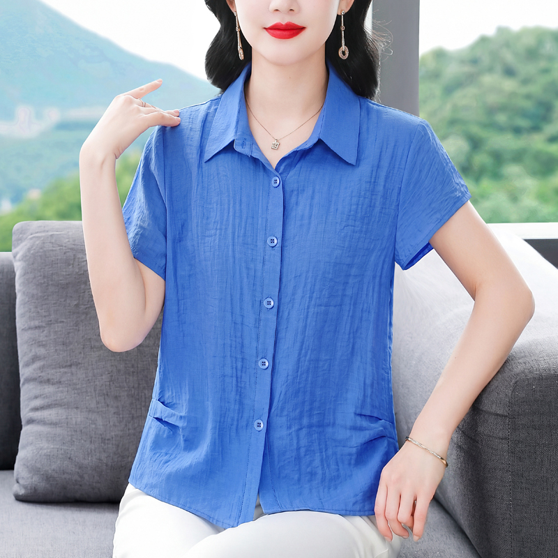 RY5625# 时尚短袖天丝棉麻衬衫女士夏装新款气质休闲衬衣百搭洋气妈妈上衣