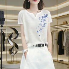 批发夏季清新短袖T恤女透气雪花棉国风印花休闲时尚气质上衣服
