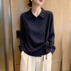 批发大码女装 松弛条纹衬衫2026秋季新品女装舒适温柔显瘦上衣小衫