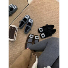 女士气质玛丽珍鞋女加绒法式晚风方头水钻呢子毛毛鞋女冬平底单鞋