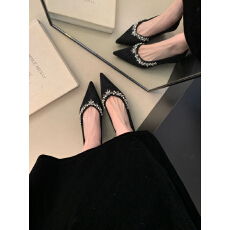 批发2026春<b class='q'>秋</b>新款黑色尖头水钻镶边高跟鞋女细跟法式性感绝美浅口单鞋