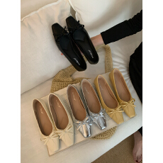 批发仙女风绸缎蝴蝶结浅口单鞋女气质方头平底一脚蹬玛丽珍鞋