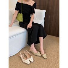 批发法式蝴蝶结波点小方头浅口单鞋女设计侧空后绊带玛丽珍鞋