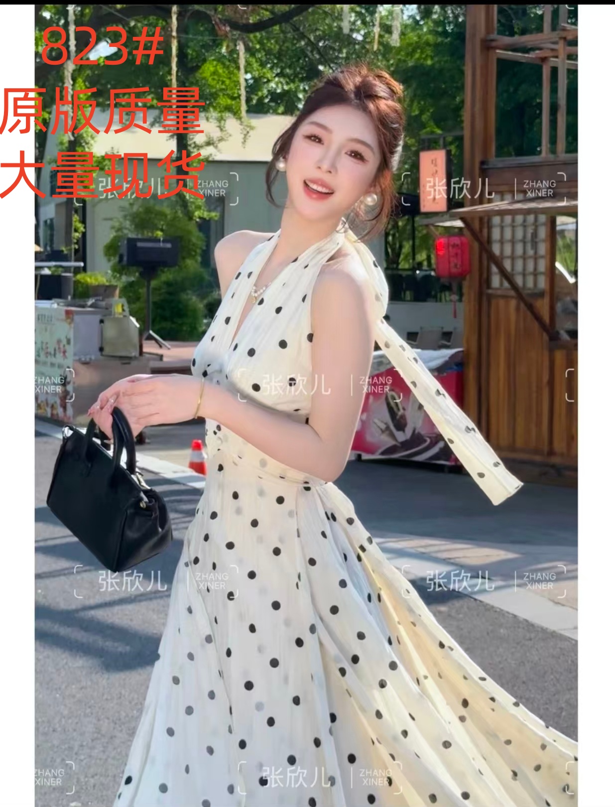 프랑스식 레트로 도트 무늬 프린트 행침 목 여성 드레스 해변가 휴가 분위기 센스 섹시함 품격 백리스 해변 드레스