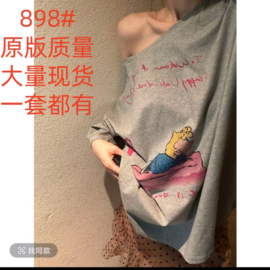 레트로 문예 게으른 세련된 둘 착용 칼라 느슨함 만화 프린트 그레이트 티셔츠 루즈핏 슬림해 보이는 캐주얼 맨위 여성