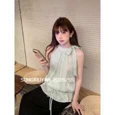 批发宋秀妍 SENIORS韩系少女风绿色荷叶边无袖<b class='q'>衬衫</b>氛围感减龄系带上衣