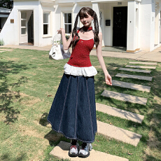 批发深蓝色牛仔<b class='q'>半身裙</b>子女夏大码显瘦包臀<b class='q'>裙</b>梨形身材胖mm开叉a字长<b class='q'>裙</b>