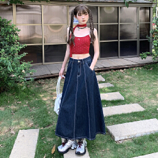 批发深蓝色牛仔<b class='q'>半身</b>裙子女夏大码显瘦<b class='q'>包臀</b>裙梨形身材胖mm开叉a字<b class='q'>长裙</b>