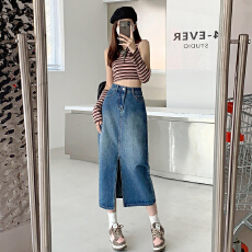 批发牛仔裙女生中长款A字裙高腰显瘦百搭开叉款复古蓝半身四季一步裙