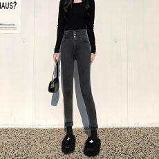 批发秋冬黑色显瘦高腰<b class='q'>弹力</b>小脚紧身牛仔裤女加绒新款灰色铅笔小脚裤子