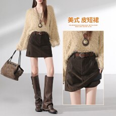 批发复古棕色麂皮绒半身裙女秋冬百搭口袋<b class='q'>包臀</b>裙高腰显瘦a字<b class='q'>短裙</b>