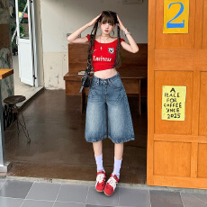 批发点赞美式复古水洗做旧宽松牛仔中裤<b class='q'>女</b>夏季小众街头<b class='q'>七分裤</b>1