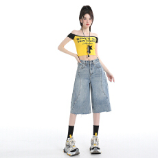 批发点赞复古水洗毛边阔腿牛仔裤<b class='q'>女</b>夏季新款浅蓝色高腰七分中裤