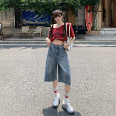 批发点赞复古水洗毛边阔腿牛仔裤<b class='q'>女</b>夏季新款浅蓝色高腰七分中裤1