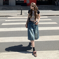 批发点赞美式复古水洗五分牛仔裤女高街宽松高腰阔腿中裤<b class='q'>短裤</b>女1