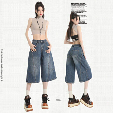 批发点赞欧货复古高腰七分阔腿牛仔短裤<b class='q'>女</b>宽松百搭休闲直筒中裤