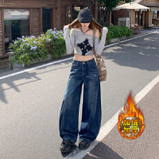 批发点赞加绒2160单款美式<b class='q'>复古</b>高街阔腿牛仔裤女直筒宽松弯刀裤