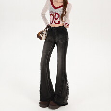 批发点赞黑色美式辣妹<b class='q'>弹力</b>微喇<b class='q'>牛仔裤</b>女新款高腰显瘦毛边喇叭裤