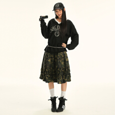 批发｜秋冬<b class='q'>街头</b>复古迷彩图案褶皱花边休闲百搭显瘦半身裙